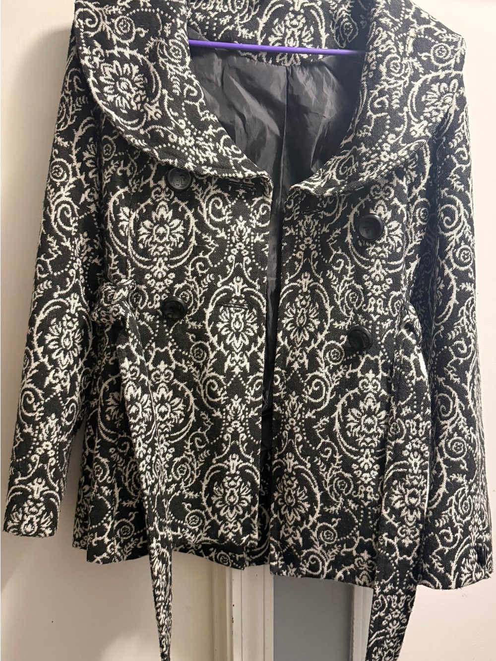 Black & White Patterned Women's Peacoat Jacket